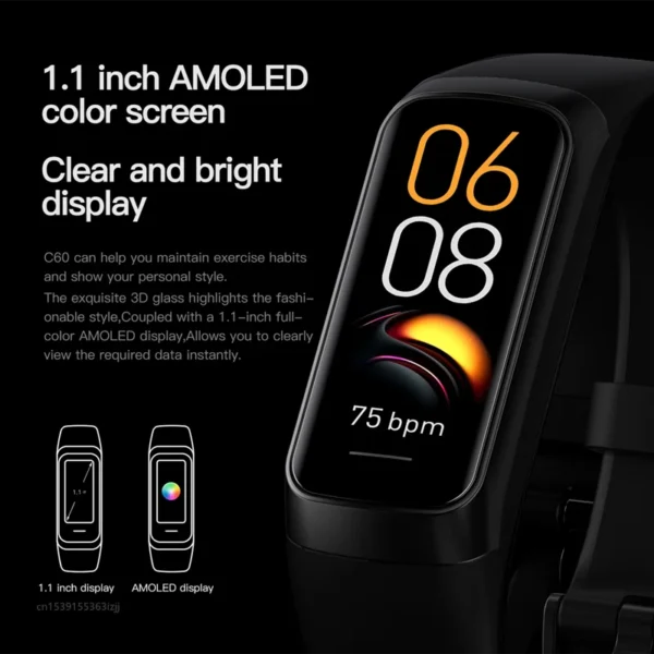 C60 Smart Bracelet Amoled Screen Heart Rate Blood Fitness Tracker SmartBand For Women Men Fashion Sport Smartwatch - Image 6