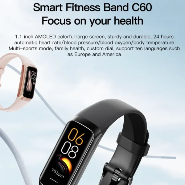 C60 Smart Bracelet Amoled Screen Heart Rate Blood Fitness Tracker SmartBand For Women Men Fashion Sport Smartwatch - Image 4